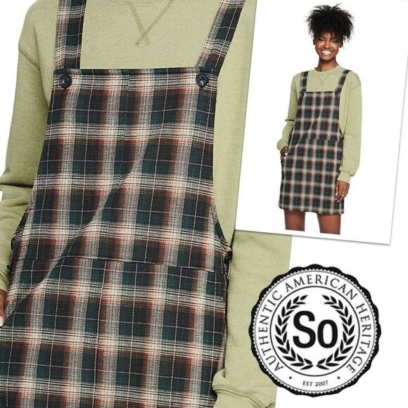 Juniors' SO® Button Strap Plaid Pinafore Dress - Picture 1 of 14
